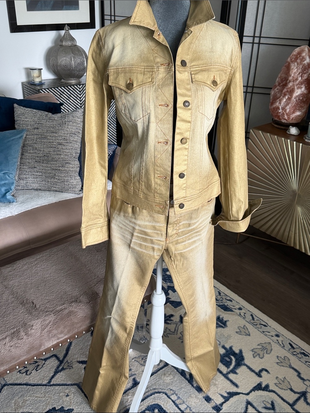 Vintage Fornarina Metallic Gold Denim Two-Piece Jacket & Flare Jeans Set